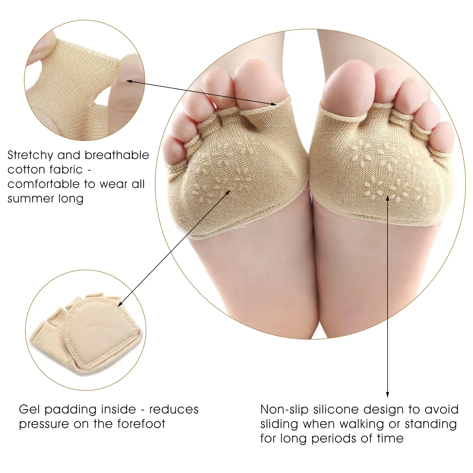 4 Pairs Metatarsal Pads Women Ball of Foot Cushions Toe Separator Socks Soft Forefoot Pads High Heel Inserts Metatarsal Socks Metatarsal Sleeves Forefoot Socks