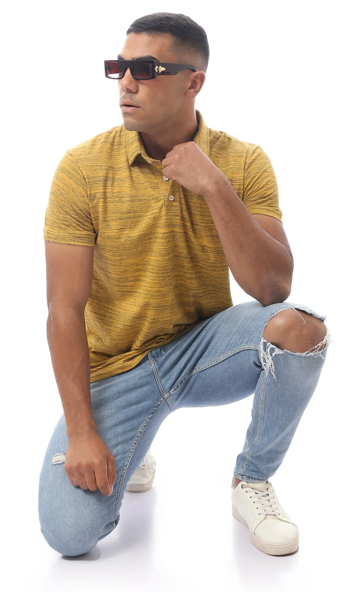 98890 Mustard Striped Slip On Buttoned Polo Shirt