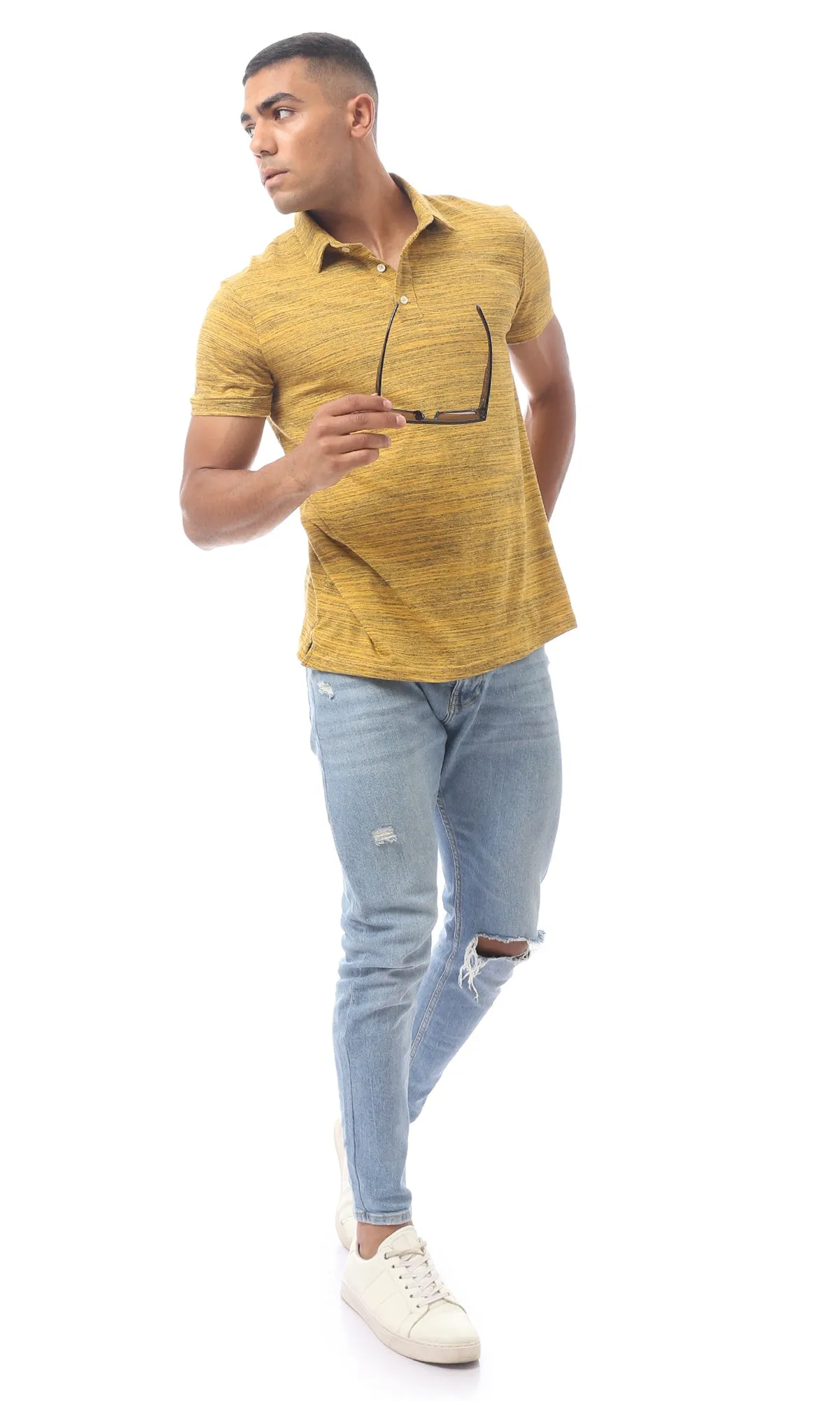 98890 Mustard Striped Slip On Buttoned Polo Shirt