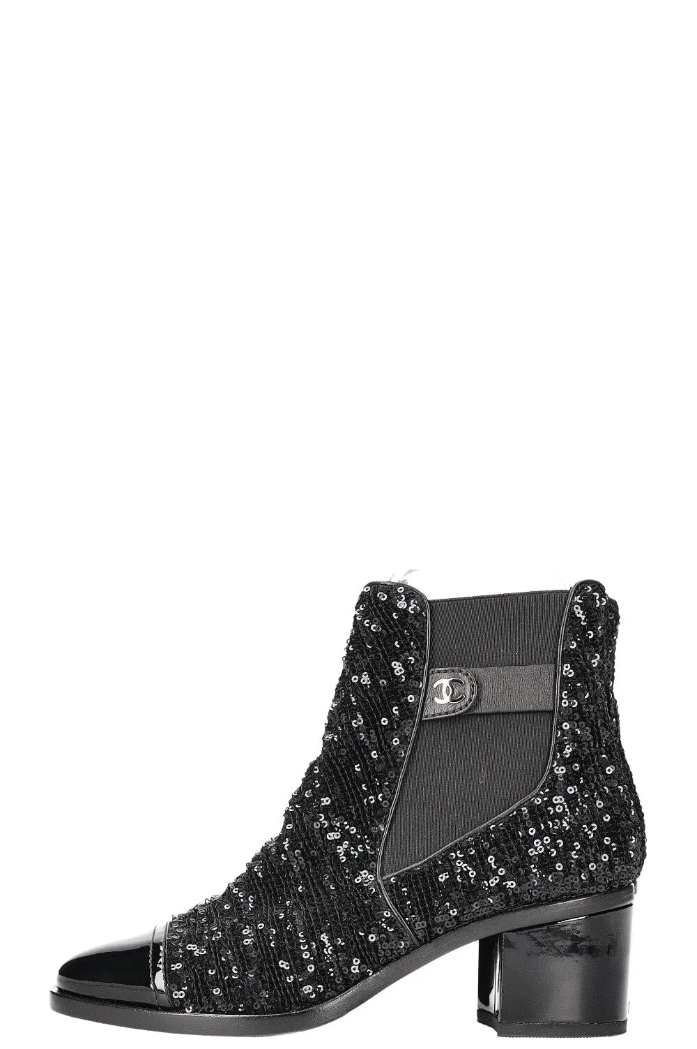 CHANEL 2019 CC Sequin Chelsea Boots Black