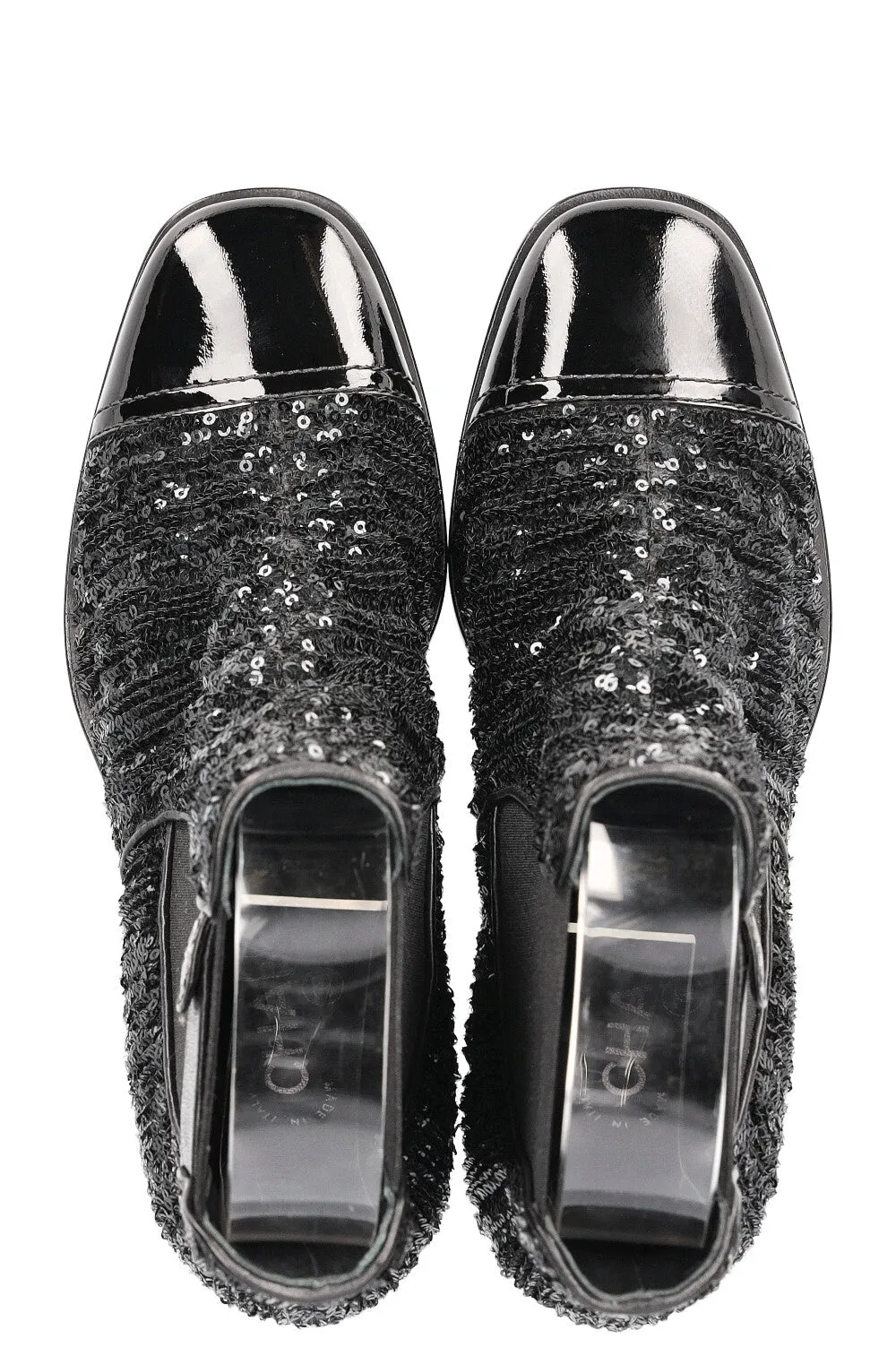 CHANEL 2019 CC Sequin Chelsea Boots Black