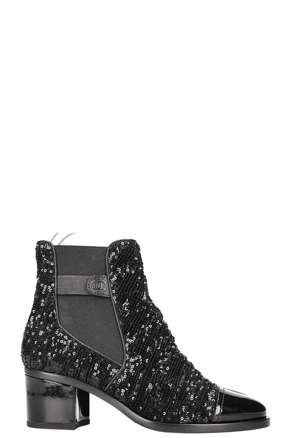 CHANEL 2019 CC Sequin Chelsea Boots Black