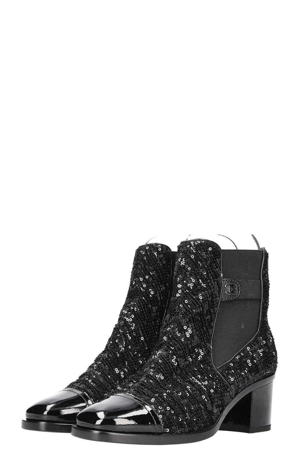 CHANEL 2019 CC Sequin Chelsea Boots Black