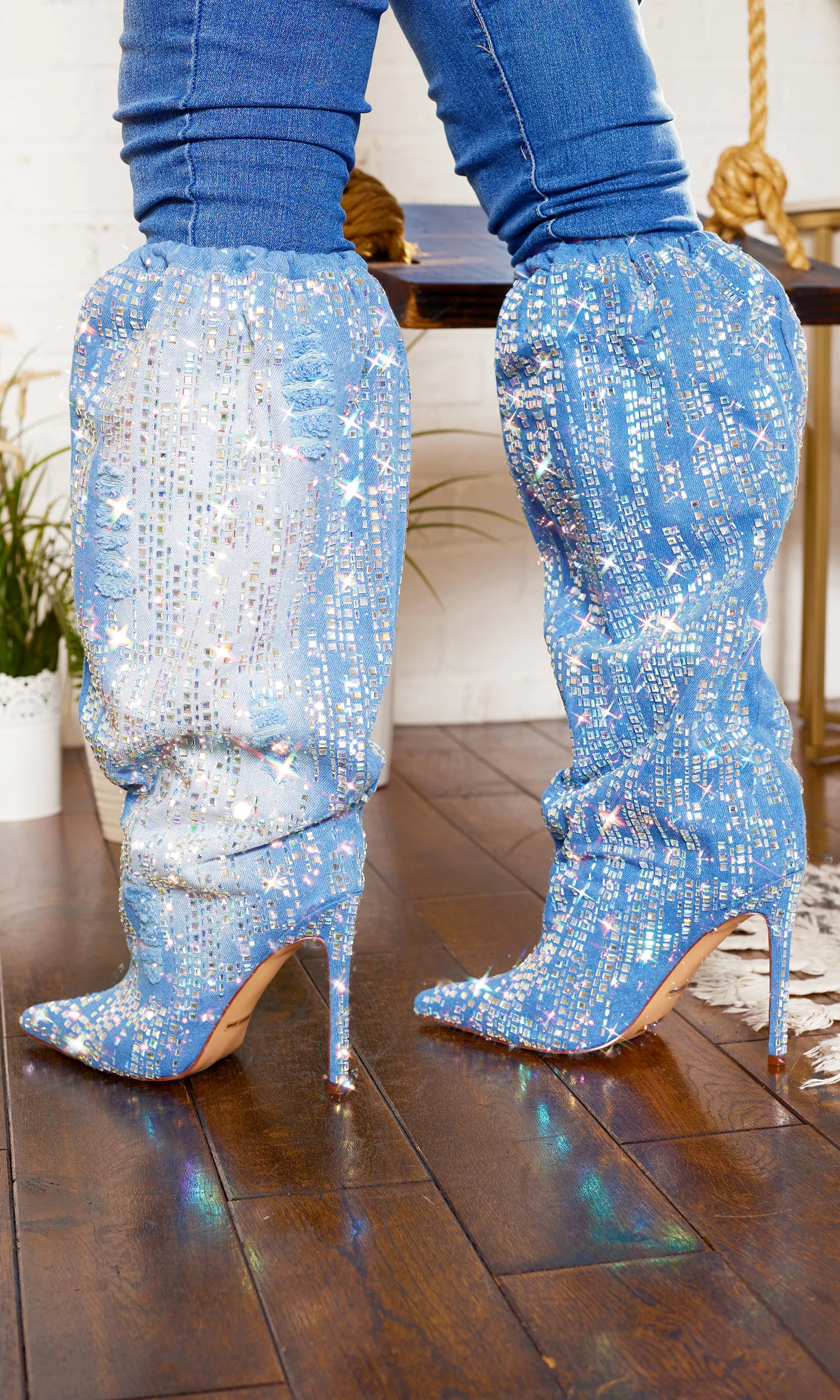 Denim Abstract Bling Point Toe  Boots FINAL SALE