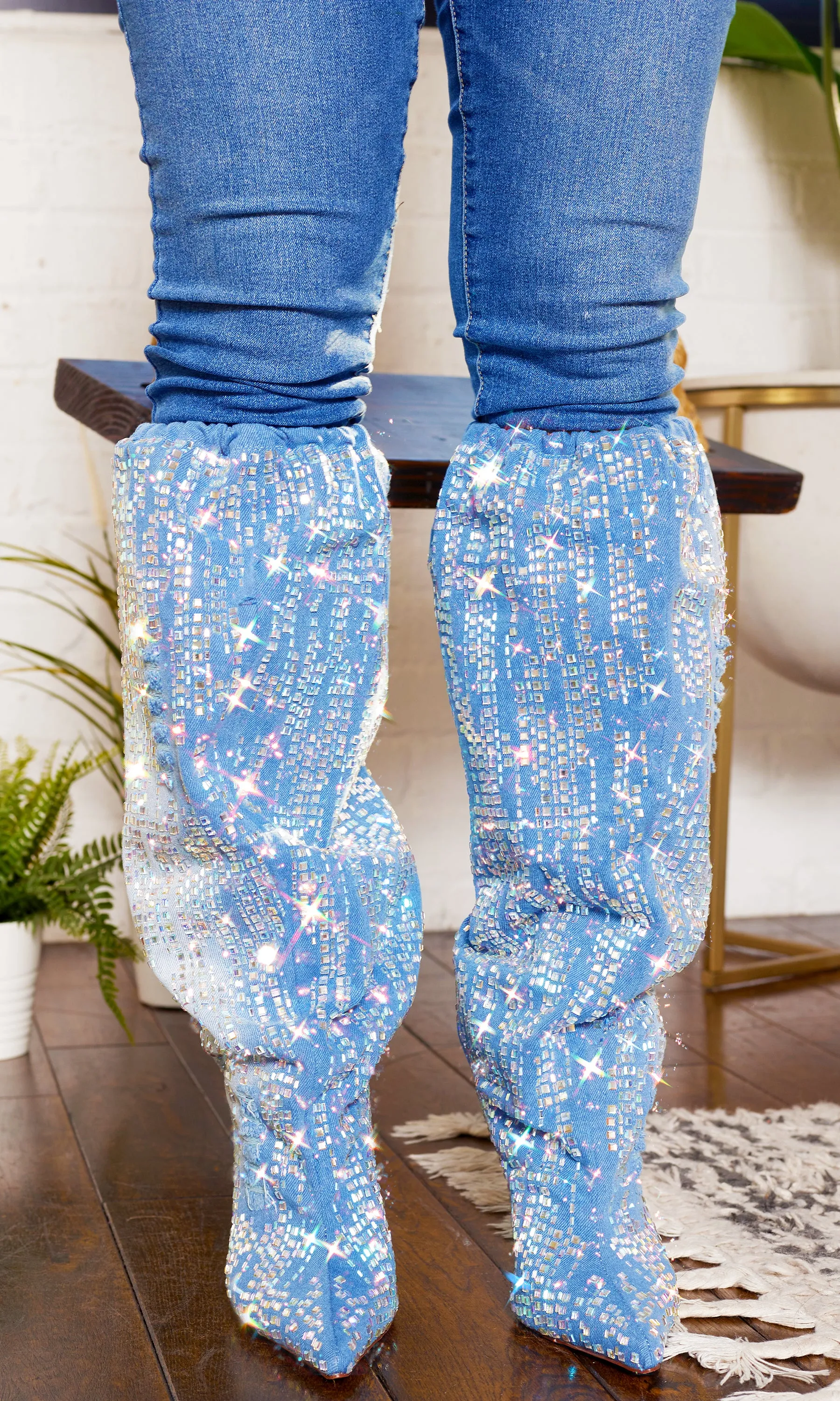 Denim Abstract Bling Point Toe  Boots FINAL SALE