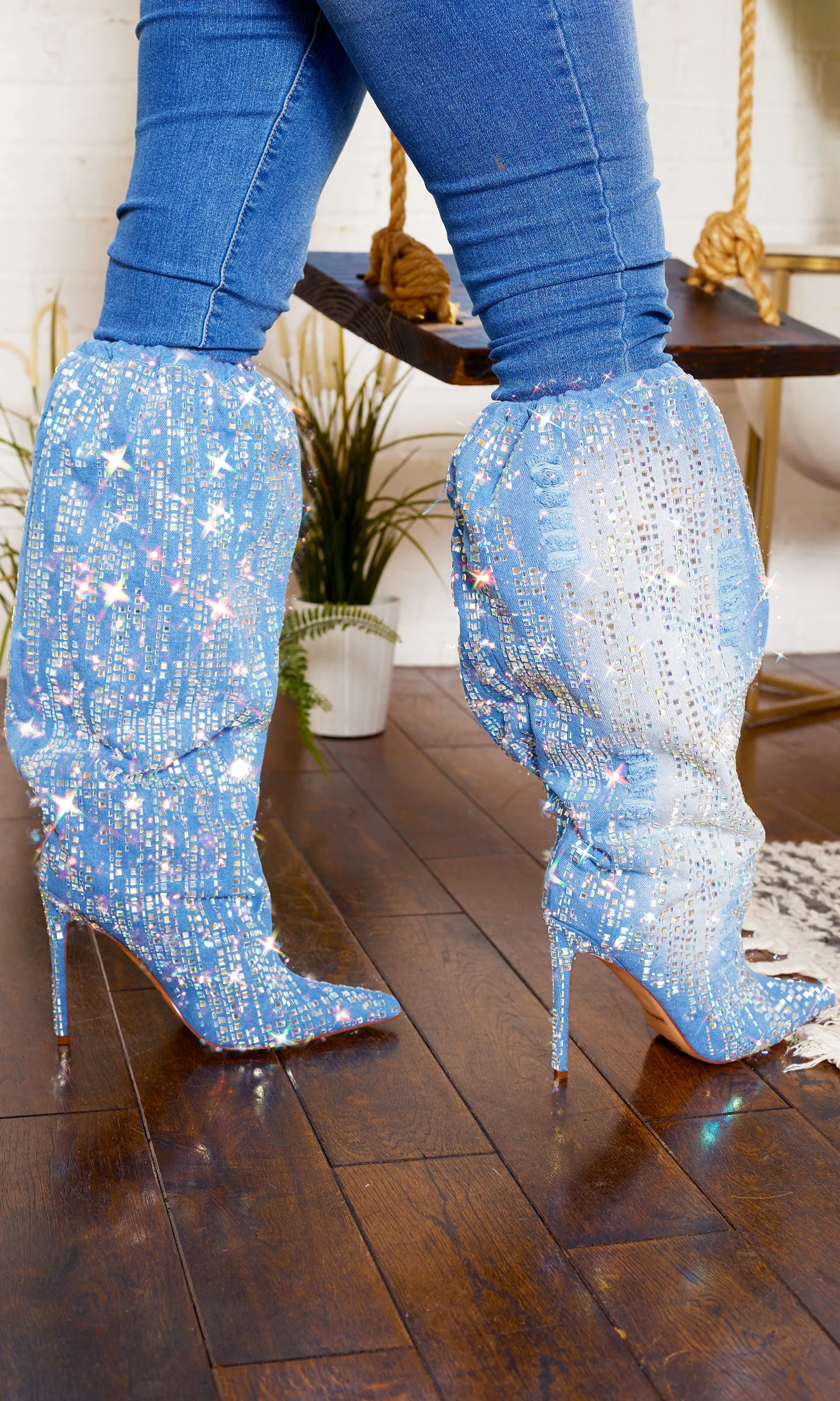 Denim Abstract Bling Point Toe  Boots FINAL SALE