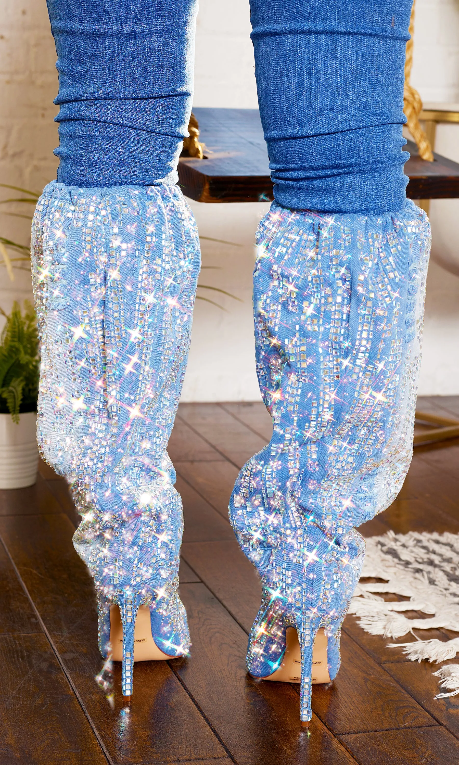 Denim Abstract Bling Point Toe  Boots FINAL SALE