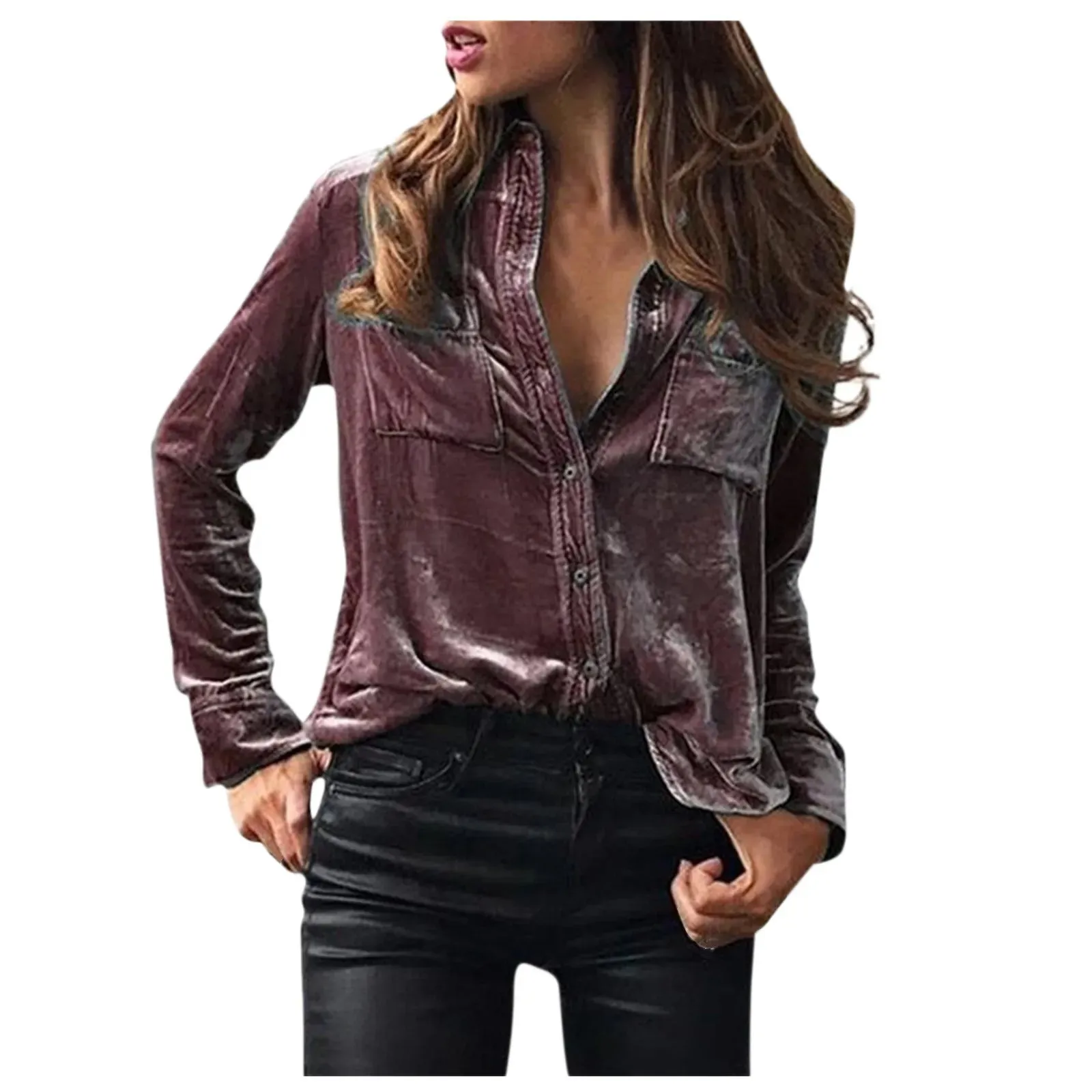 Fashion Solid Spring Velvet Button Blouse Shirt