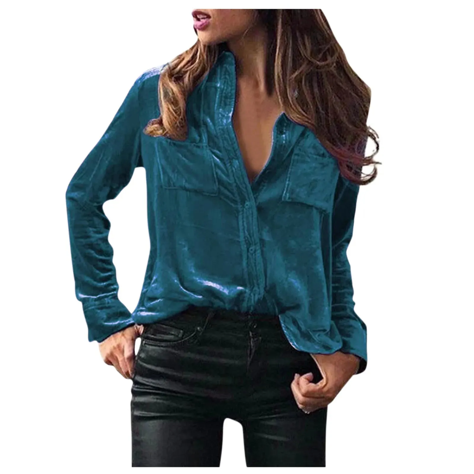 Fashion Solid Spring Velvet Button Blouse Shirt