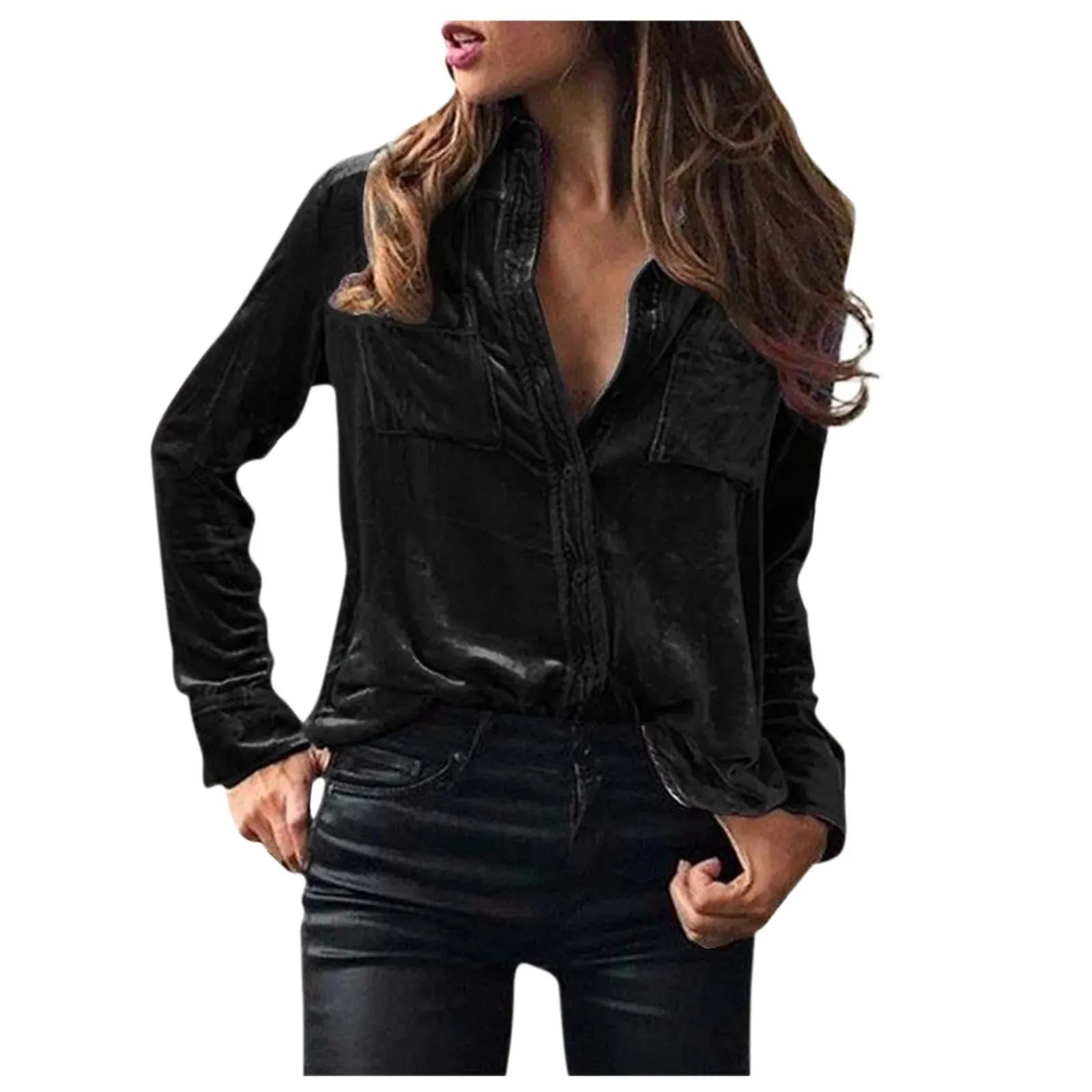 Fashion Solid Spring Velvet Button Blouse Shirt