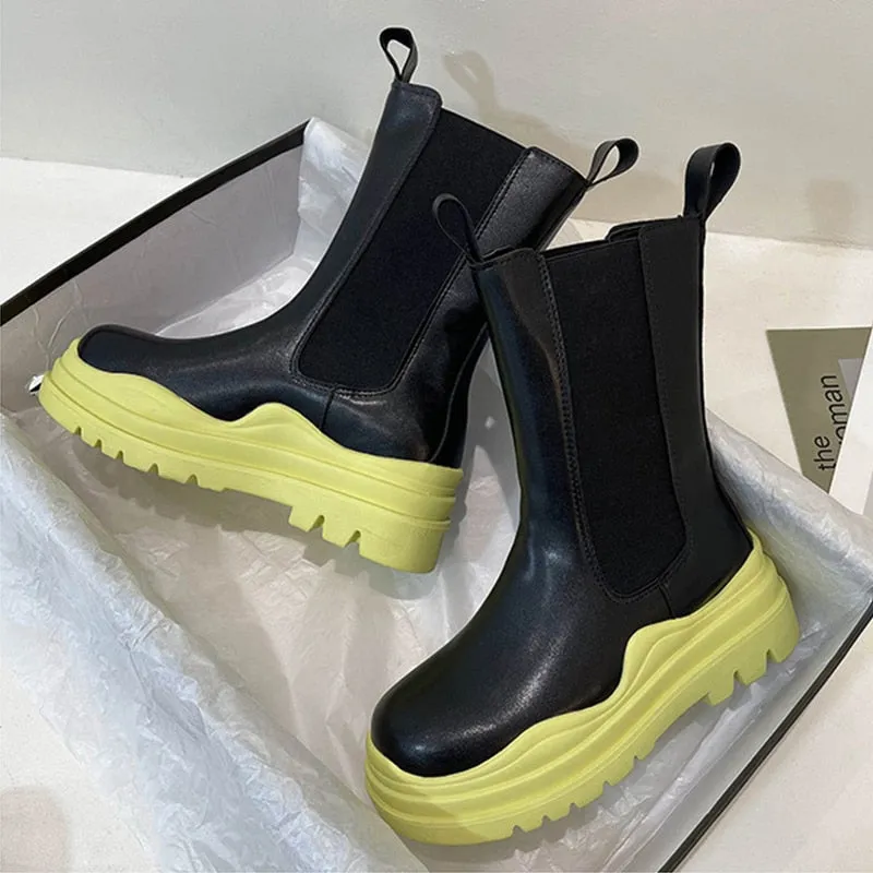 Knitted Platform PU Leather Women's Ankle Boots