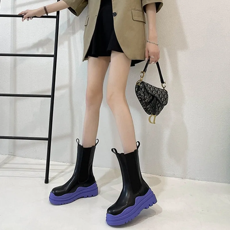 Knitted Platform PU Leather Women's Ankle Boots