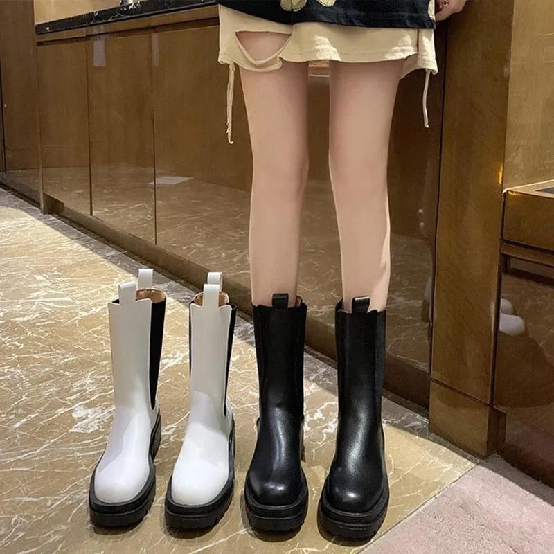 Knitted Platform PU Leather Women's Ankle Boots