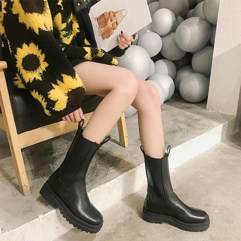 Knitted Platform PU Leather Women's Ankle Boots