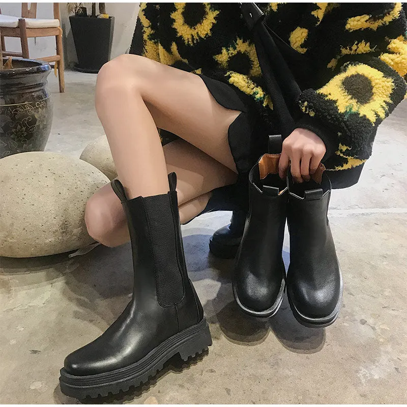 Knitted Platform PU Leather Women's Ankle Boots