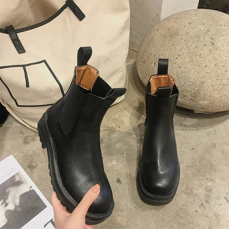 Knitted Platform PU Leather Women's Ankle Boots