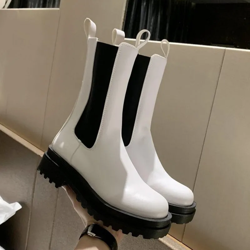 Knitted Platform PU Leather Women's Ankle Boots