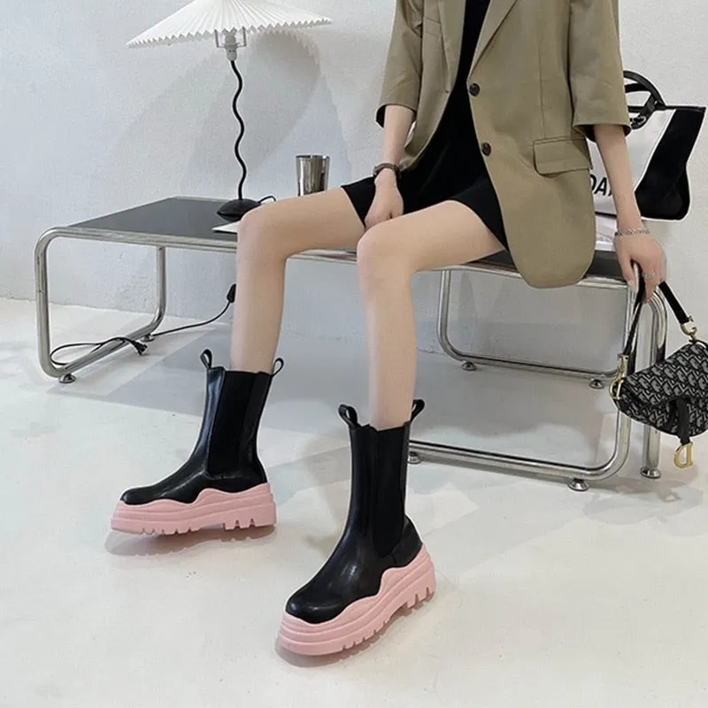Knitted Platform PU Leather Women's Ankle Boots