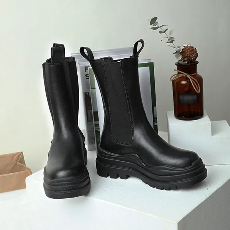 Knitted Platform PU Leather Women's Ankle Boots