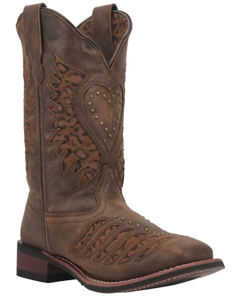 Laredo Women's Stella Leopard Print Inlay Studded Western Boot - Square Toe 5889