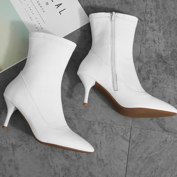 New 2018 Women Socks Slip On Ankle Leather White Boots