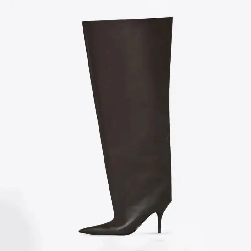 PU Pointed Toe Knee Length Slip On Boots