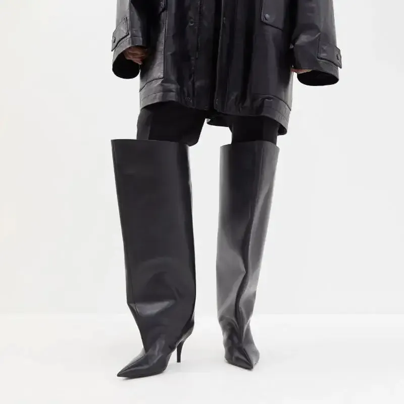 PU Pointed Toe Knee Length Slip On Boots