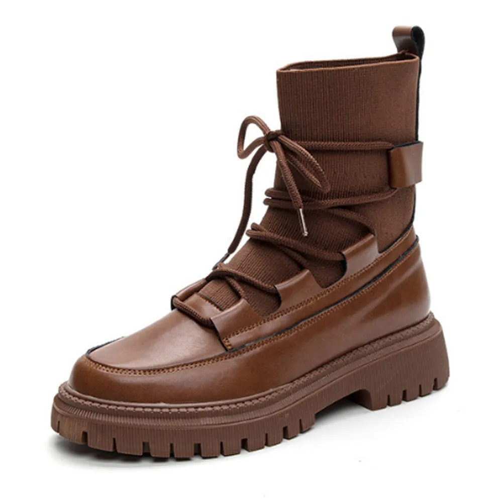 ROUND TOE CHUNKY FLAT ANKLE BOOTS with TIE
