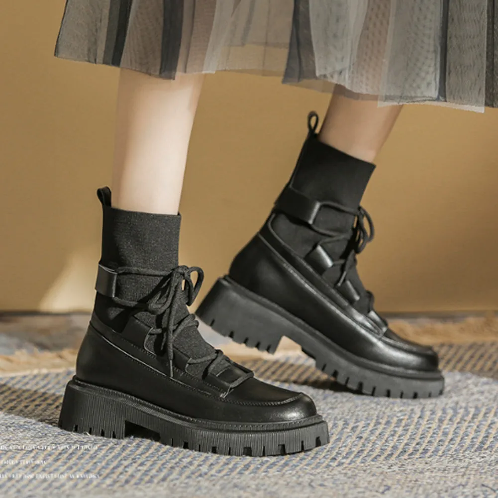ROUND TOE CHUNKY FLAT ANKLE BOOTS with TIE