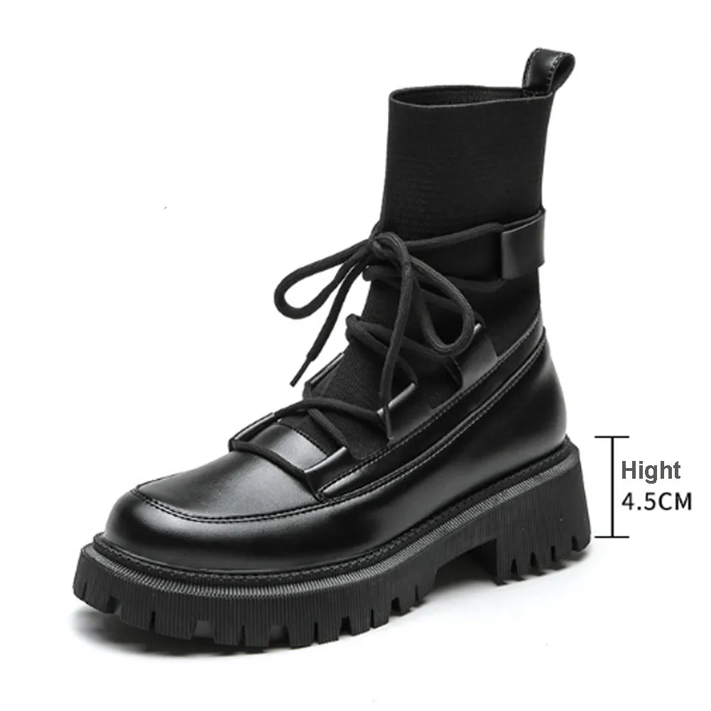 ROUND TOE CHUNKY FLAT ANKLE BOOTS with TIE