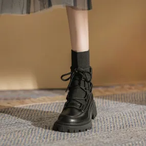 ROUND TOE CHUNKY FLAT ANKLE BOOTS with TIE