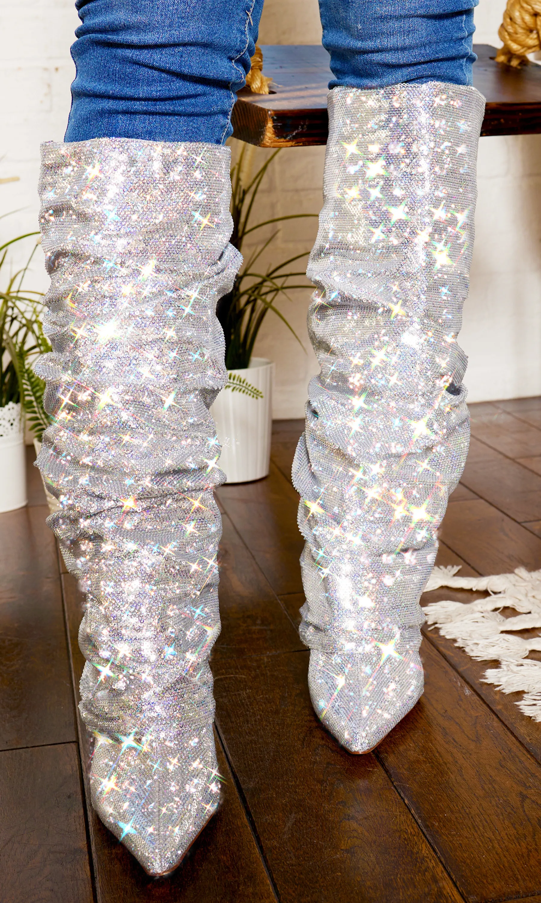 Sequins Point Toe  Boots - Silver FINAL SALE