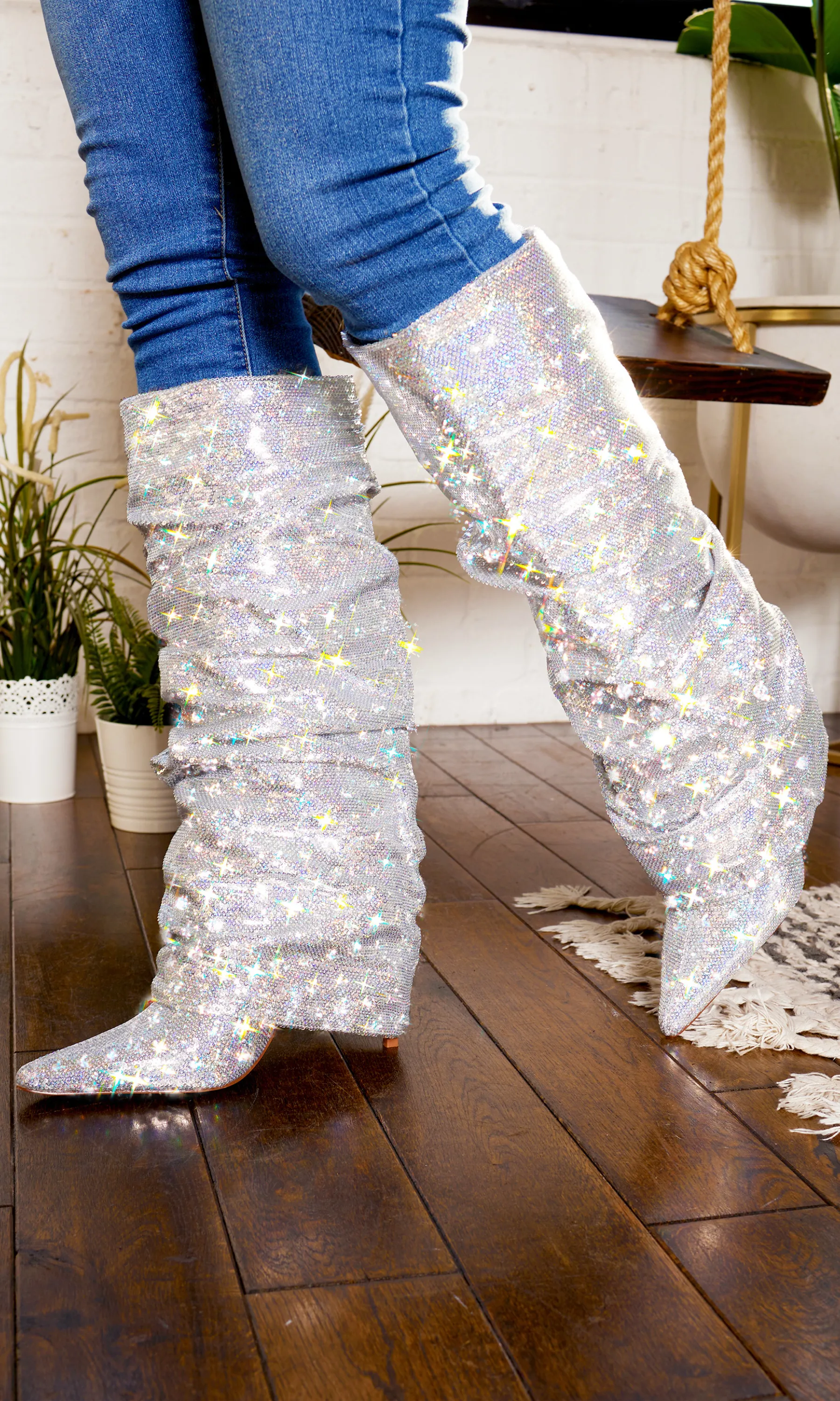 Sequins Point Toe  Boots - Silver FINAL SALE