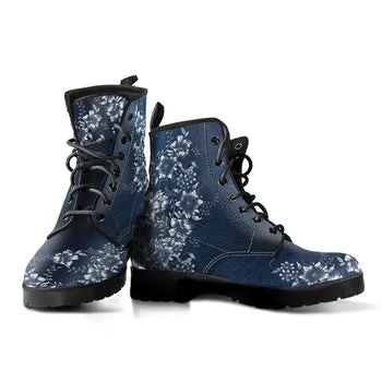 White Flowers Print on Demand Artwork Women's Fur Trimmed Combat Style Boots