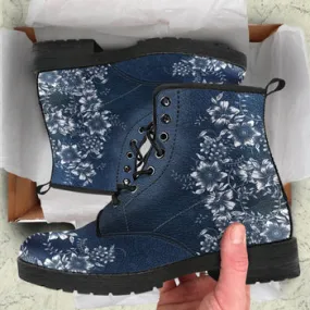 White Flowers Print on Demand Artwork Women's Fur Trimmed Combat Style Boots
