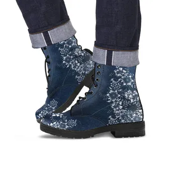 White Flowers Print on Demand Artwork Women's Fur Trimmed Combat Style Boots