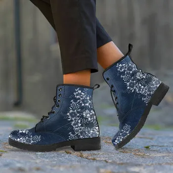 White Flowers Print on Demand Artwork Women's Fur Trimmed Combat Style Boots