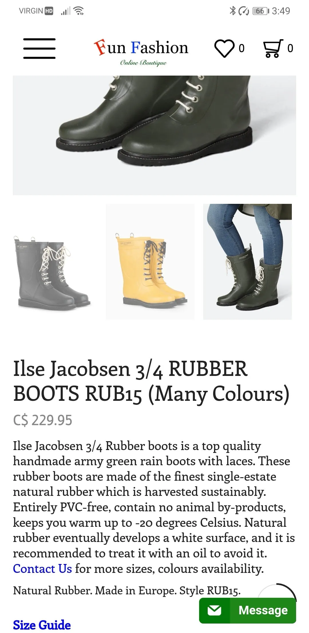 WOMENS SIZE 38 (7.5 to 8.5) - ILSE JACOBSEN, 3/4 Rubber, Fleece Lined Rain / Winter Boots NWT B53